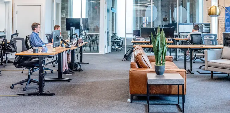 A digital marketing agency workspace featuring employees working at long desks with desktop monitors in a modern open-plan office.