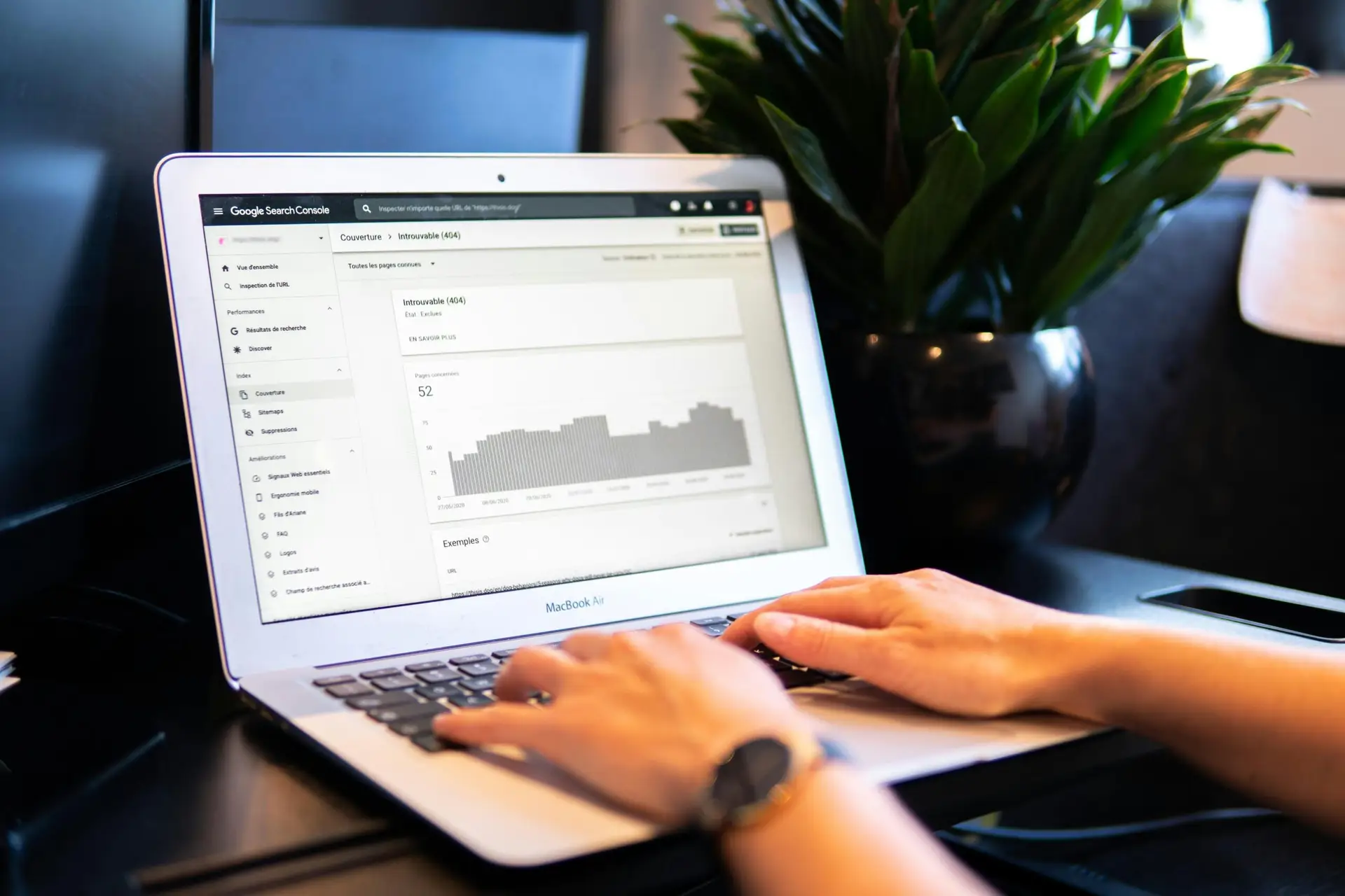 image of a person using a laptop showing a web analytics platform on the screen