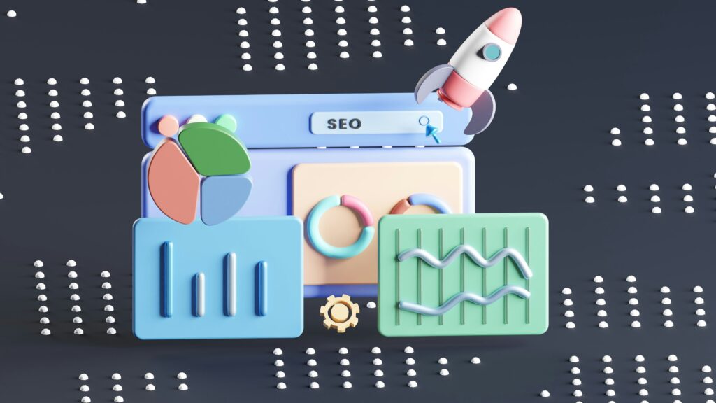 3D render of search and analytic dashboards
