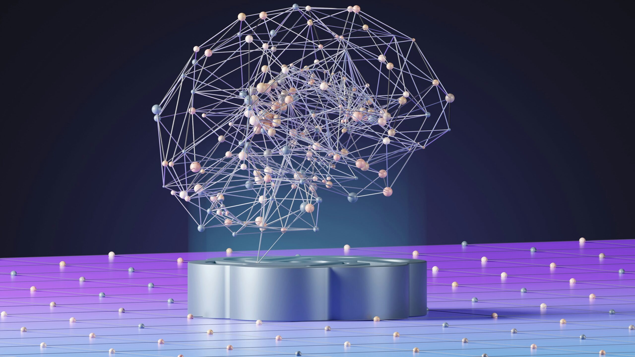 Wireframe of a Brain. on a plinth 3D Render representing Ai technology