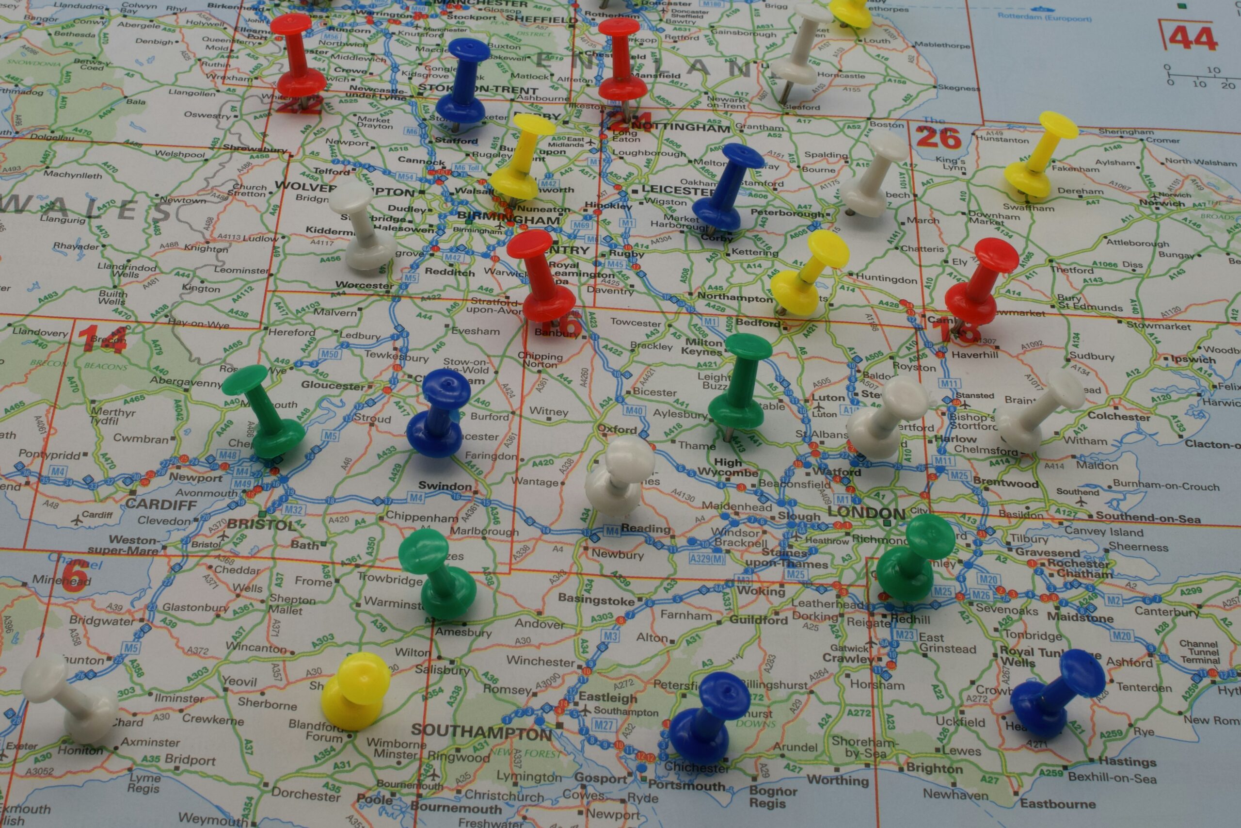 Map of the UK with coloured pins in a range of locations